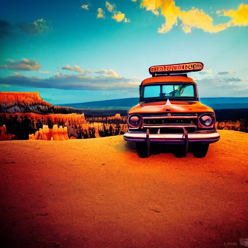 Image similar to sunset light landscape with bryce canyon, lots of sparkling details and sun ray ’ s, blinding backlight, smoke, volumetric lighting, colorful, octane, 3 5 mm, abandoned gas station, old rusty pickup - truck, beautiful epic colored reflections, very colorful heavenly, softlight