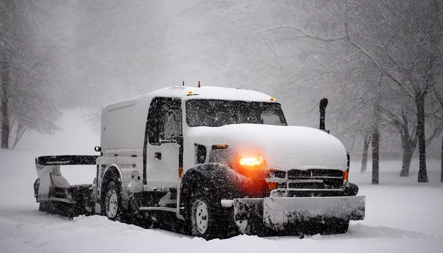 Image similar to snowplow covered by snow in beautiful winter landscape. fog, snowstorm, photorealistic rendering, octane, depth of field, blurry