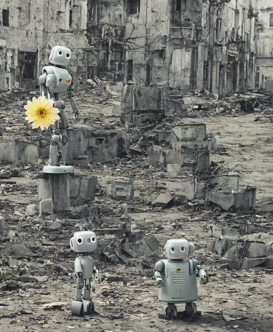 Prompt: a lonely robot holding a flower while sitting in a post-apocalyptic world surrounded by rundown buildings