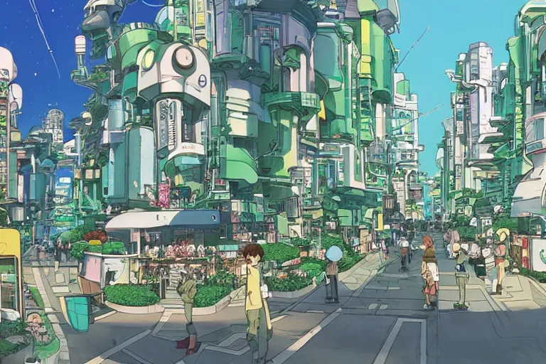 Image similar to an optimistic futuristic city street with a pop cannabis motif, by studio ghibli