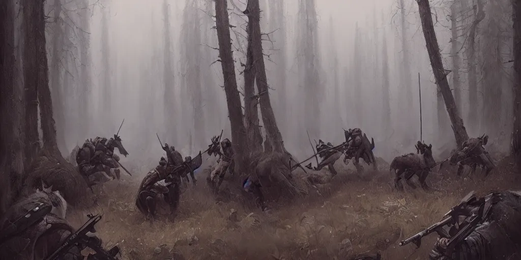 Image similar to a painting of a group of medieval villagers with rifles being attacked by 3 big wolves in a foggy dense forest by greg rutkowski, dark fantasy art, high detail, trending on artstation