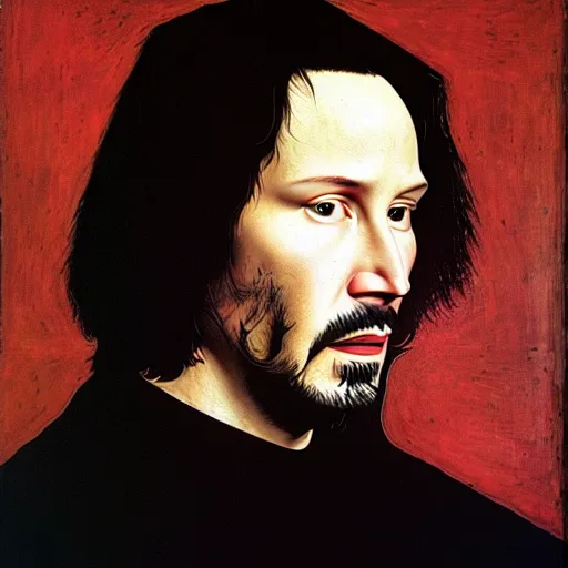 Image similar to portrait of keanu reeves, oil painting by jan van eyck, northern renaissance art, oil on canvas, wet - on - wet technique, realistic, expressive emotions, intricate textures, illusionistic detail