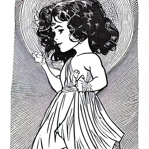 Image similar to clean simple line art of a little girl with wavy curly hair in an elegant dress. white background. well composed, clean black and white line drawing, beautiful detailed face. illustration by steve ditko and jack kirby and alphonse mucha