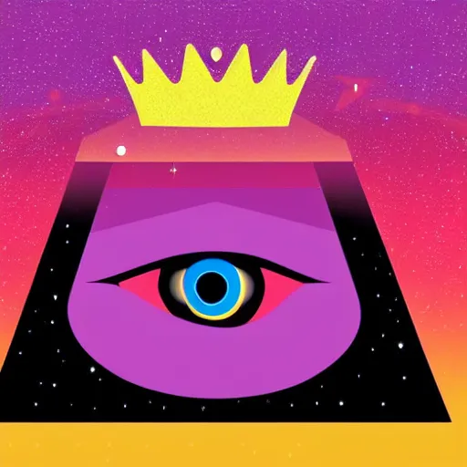 Image similar to a glowing colorful minimal elegant crown sitting on a table with one large beautiful eye on top of it like a jewel, one black pupil in the eye, shining stars on top of the crown, night time, vast cosmos, geometric light rays exploding outwards into stars, bold black lines, flat colors, minimal psychedelic 1 9 5 0 s poster illustration