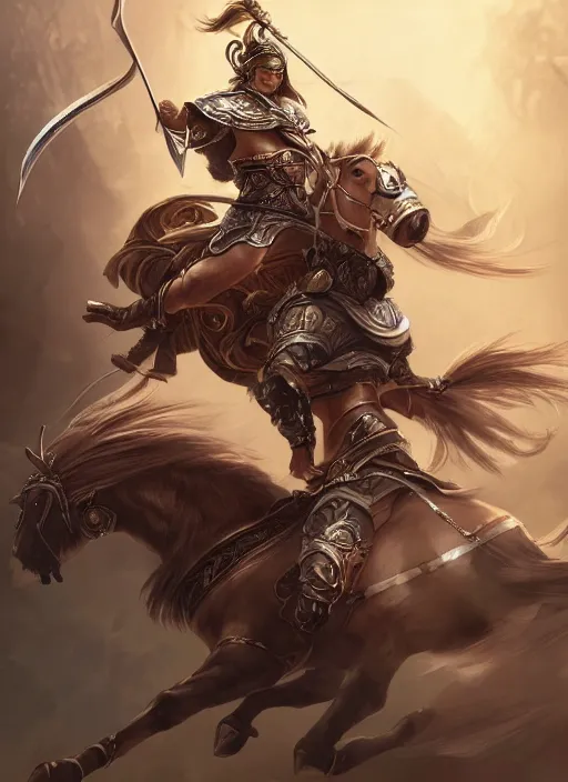 Image similar to a highly detailed illustration of fierce mongol warrior princess riding horse, heroic wielding bow pose, intricate, elegant, highly detailed, centered, digital painting, artstation, concept art, smooth, sharp focus, league of legends concept art, wlop.