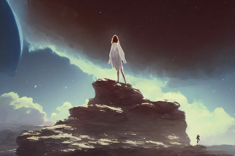 Image similar to giant white daisy flower over the head, girl standing on cliff, surreal photography, solar eclipse, milky way, dramatic light, impressionist painting, clouds, digital painting, artstation, james gilleard, liam wong, jeremy mann, simon stalenhag