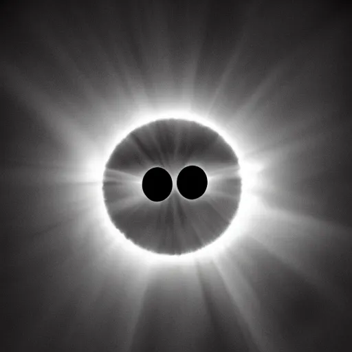 Image similar to the sun has a face with many eyes and teeth. seen through the fog