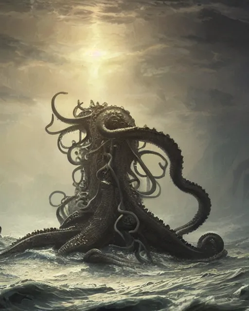 Image similar to An invisible Kraken in the middle of the sea, fantasy art, in the style of greg rutkowski, illustration, epic, fantasy, intricate, hyper detailed, artstation, concept art, smooth, sharp focus, ray tracing