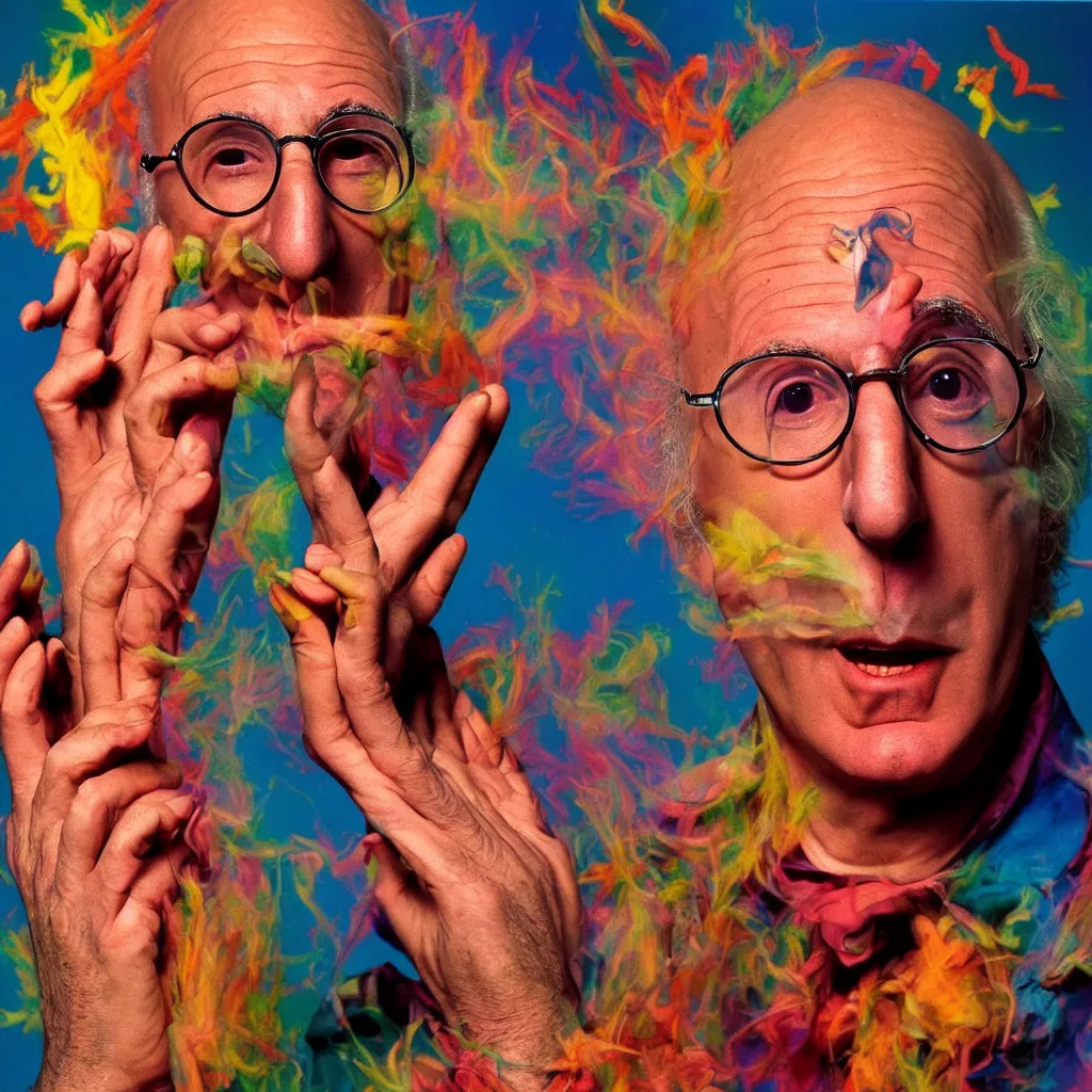 Image similar to award winning photo of larry david tripping on lsd and smoking weed, vivid colors, happy, symmetrical face, beautiful eyes, studio lighting, wide shot art by Sally Mann & Arnold Newman