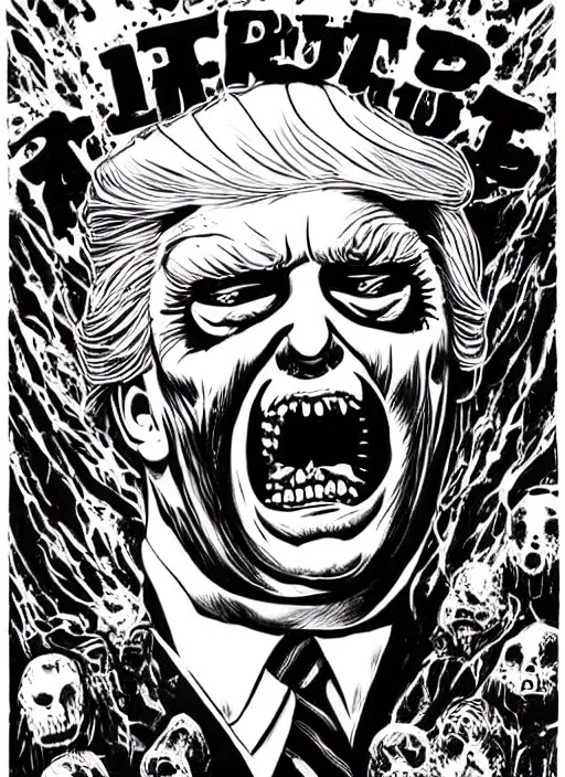 Image similar to donald trump's disgusting true form on a 1 9 9 0 s horror movie poster, inking, vintage 9 0 s print, detailed, scary, horror, screen print, trending on artstation