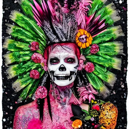 Prompt: portrait of a punk rock zombie, made of fruit and flowers, glitter on skin, pink crystal mohawk, in the style of Arcimboldo, -H 1024 -W 1024 -s 100