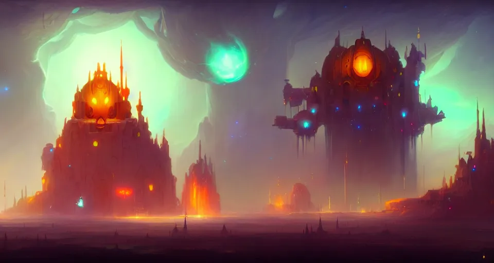 Image similar to space castle by peter mohrbacher, vivid colors, matte painting, 8K, concept art, mystical color scheme, trending on artstation, unreal engine