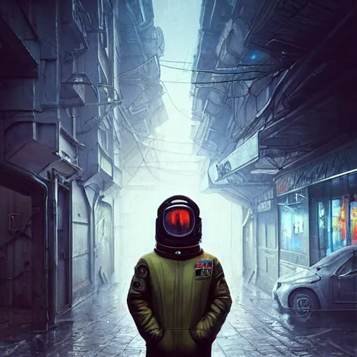 Image similar to A portrait of a cyberpunk gopnik on the street of a Russian city on the moon, Norilsk, sci-fi, fantasy, intricate, very very beautiful, elegant, highly detailed, digital painting, artstation, concept art, smooth, sharp focus, illustration, art by artgerm and greg rutkowski and alphonse mucha