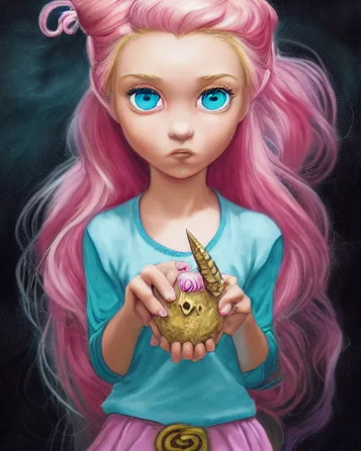Prompt: An epic fantasy comic book style portrait painting of a very beautiful young girl with blonde girl, very expressive, light blue piercing eyes, mischievous, smirk, round face, blonde hair with a pony tail, wearing a pink shirt with a unicorn design on it, pink skirt, arms crossed, awesome pose, character design by Mark Ryden and Pixar and Hayao Miyazaki, unreal 5, DAZ, hyperrealistic, octane render, cosplay, RPG portrait, dynamic lighting, intricate detail, summer vibrancy, cinematic
