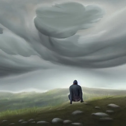 Image similar to a regretful man on a hill and storm is coming, digital painting, futured, ultra detailed