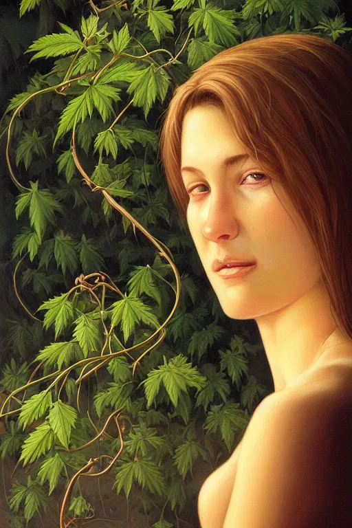 Image similar to a portrait of a girl get eating by cannabis vine art by christophe vacher