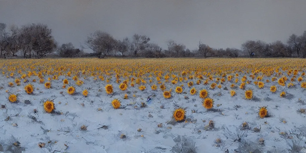 Prompt: Painting by Greg Rutkowski, a field of broken old dry sunflowers in winter