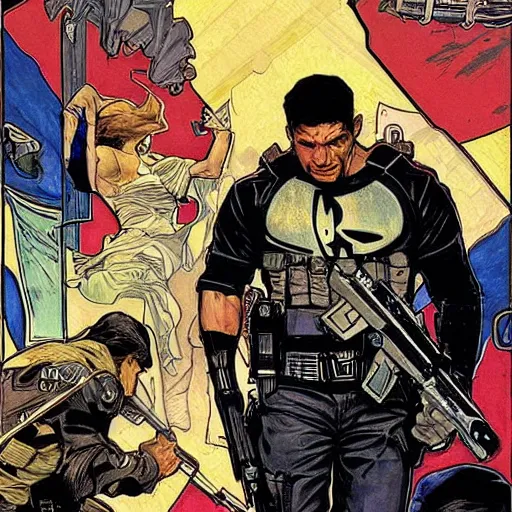 Prompt: The punisher fighting cops. Epic painting by James Gurney, Belén Ortega, and alphonso mucha. vivid realistic colors.