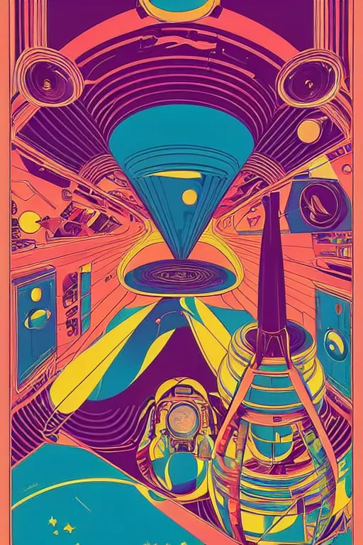 Image similar to a 6 0 s art deco poster with the interior of an international space station fuill of electronic equipment, poster art by milton glaser, kilian eng, moebius, behance contest winner, psychedelic art, concert poster, poster art, maximalist