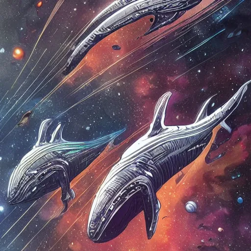 Prompt: space whales swimming through an asteroid belt, intricate, elegant, highly detailed, smooth, sharp focus, detailed face, high contrast, dramatic lighting, graphic novel, art by ardian syaf and pepe larraz,