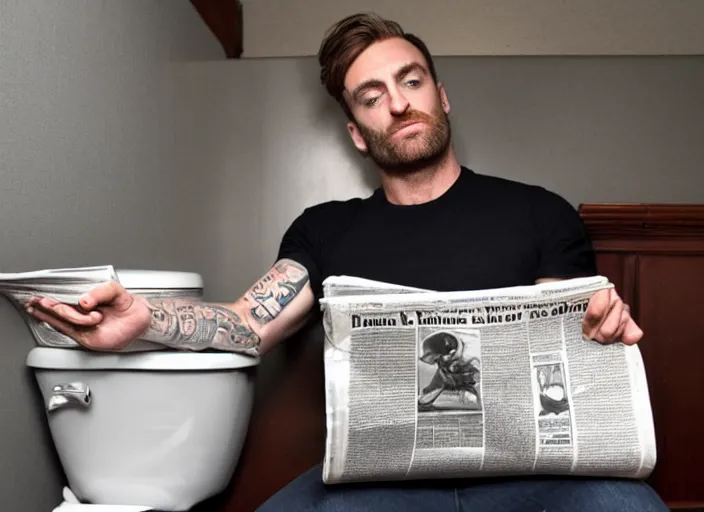 Prompt: chris long reading a newspaper on a toilet