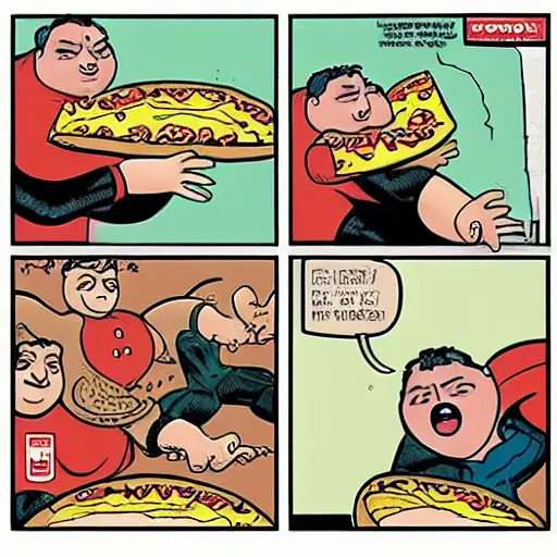 Image similar to graphic novel cover of super hero “Morbidly Obese Man” defeating a huge pizza.