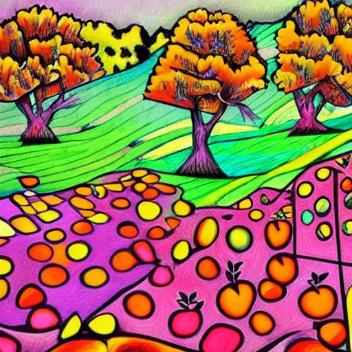 Prompt: chaotic by larry carlson color field paintingcubist, fuchsia. a beautiful drawing depicting a farm scene. the drawing shows a view of an orchard with trees in bloom.