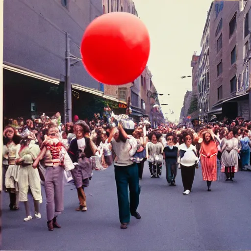 Prompt: A large group of people parading through the street holding balloons, there are a lot of ballons, calm afternoon, overcast day, 1980s.