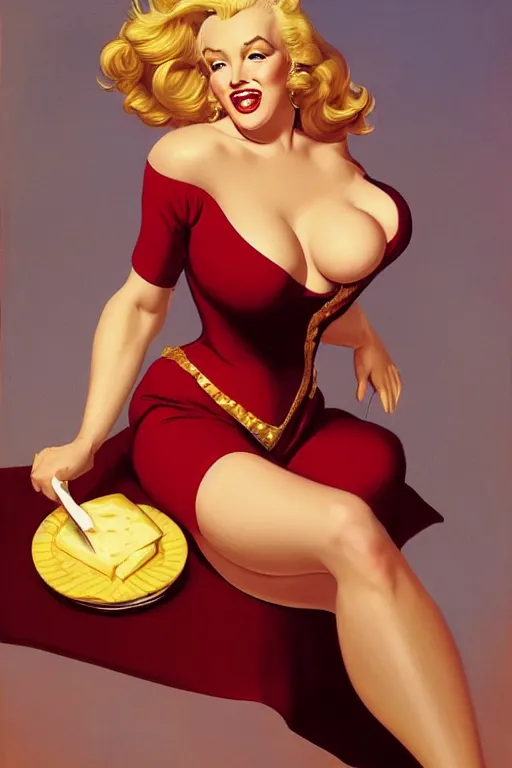 Image similar to a blond mix between Marilyn Monroe and Jessica Rabbit, eating a resplendent piece of cheese, golden hour, artstation, by J. C. Leyendecker and Peter Paul Rubens,