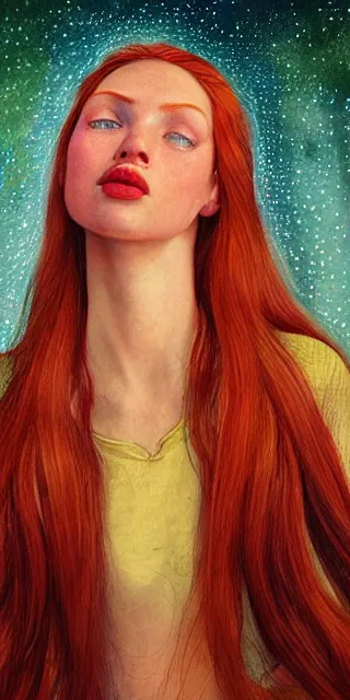 Image similar to an amazed young woman surrounded by golden firefly lights in a mesmerizing scene, sitting amidst nature fully covered, long loose red hair, precise linework, accurate green eyes, small nose with freckles, smooth oval shape face, empathic, bright smile, expressive emotions, hyper realistic ultrafine portrait by artemisia gentileschi, jessica rossier, artgerm