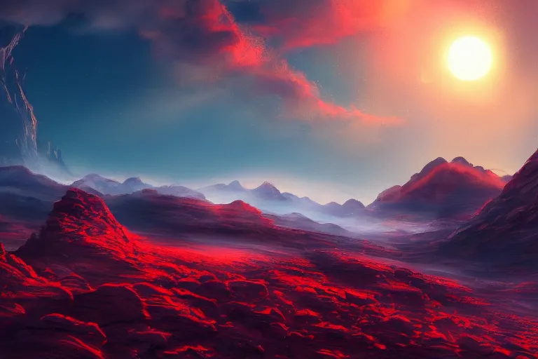 Image similar to beautiful landscape on an alien planet, the sky is red, there are two sun on the sky, digital art, highly detailed, 4k, trending on artstation