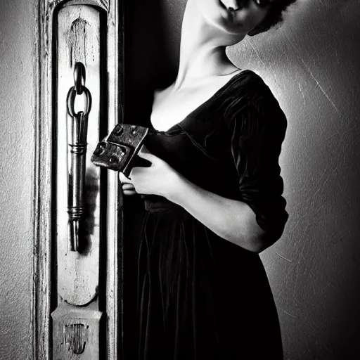 Prompt: old monochrom portrait photography of a beautiful girl holding old keys in her hand, many vintage locks on the walls, in a victorian decor, by man ray, alfred ghisoland, gemmy woud - binendijk, erwin olaf, 4 k,