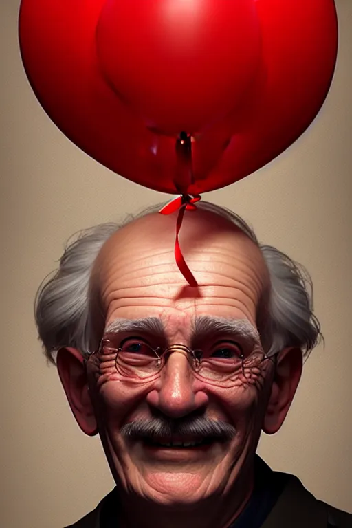 Image similar to portrait of smiling old man with red balloons, intricate and very beautiful and elegant, highly detailed, digital painting, artstation, concept art, smooth and sharp focus, beautiful render, art by tian zi and alphonse mucha and wlop