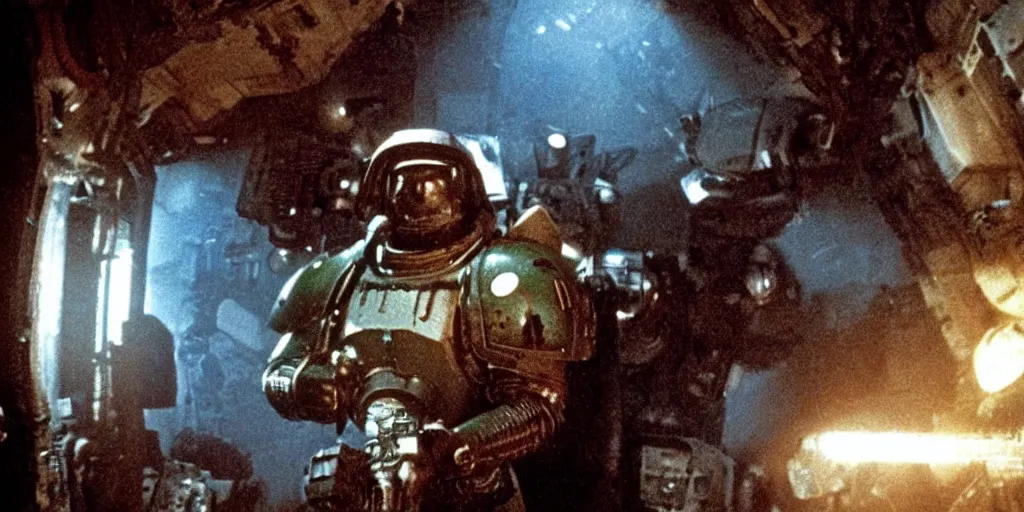 Image similar to color film still, a space marine exploring the interior of a dark, badly cluttered settlement ; alien 2 ( 1 9 8 6 )