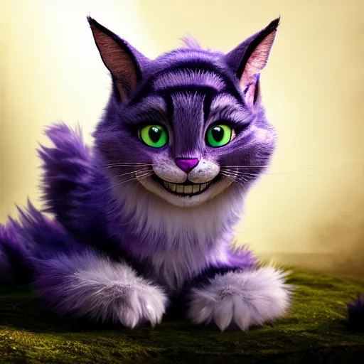 Image similar to full body pose, hyperrealistic photograph of the cheshire cat as a kitten, dim volumetric lighting, 8 k, octane beautifully detailed render, extremely hyper detailed, intricate, epic composition, cinematic lighting, masterpiece, trending on artstation, very very detailed, stunning, hdr, smooth, sharp focus, high resolution, award, winning photo, dslr, 5 0 mm