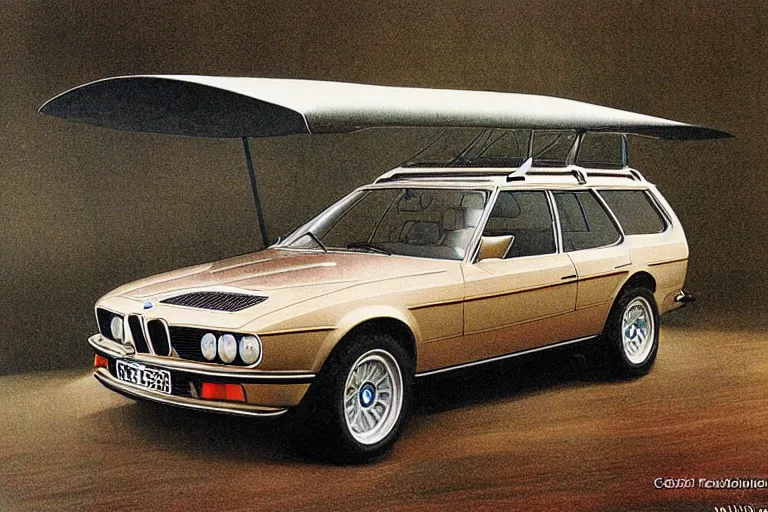 Image similar to intricate, 3 d, 1 9 7 4 bmw m 1 estate wagon, style by caspar david friedrich and wayne barlowe and ted nasmith.
