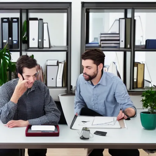 Prompt: two men sitting in the office in front of laptop, high details, art station,