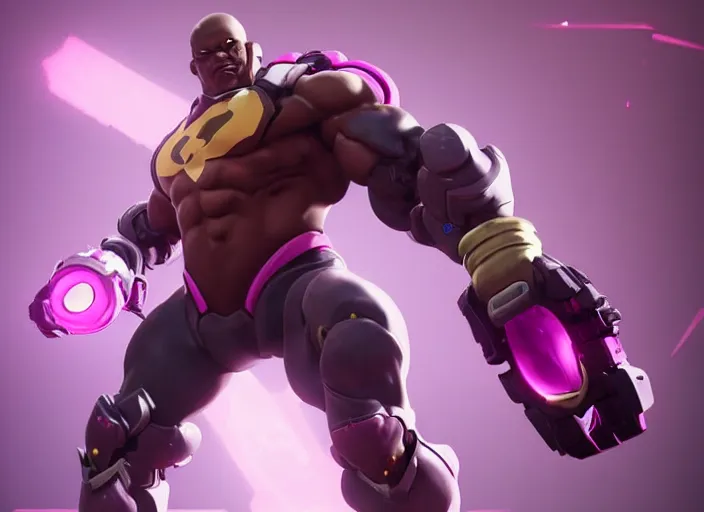 Image similar to doomfist, pink suit, overwatch game, digital art, high detailed, artstation, octane render