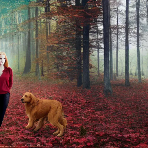 Image similar to dark red golden retriever in forest lake, matte painting in 4 k, concept art width 1 0 2 4 with young woman