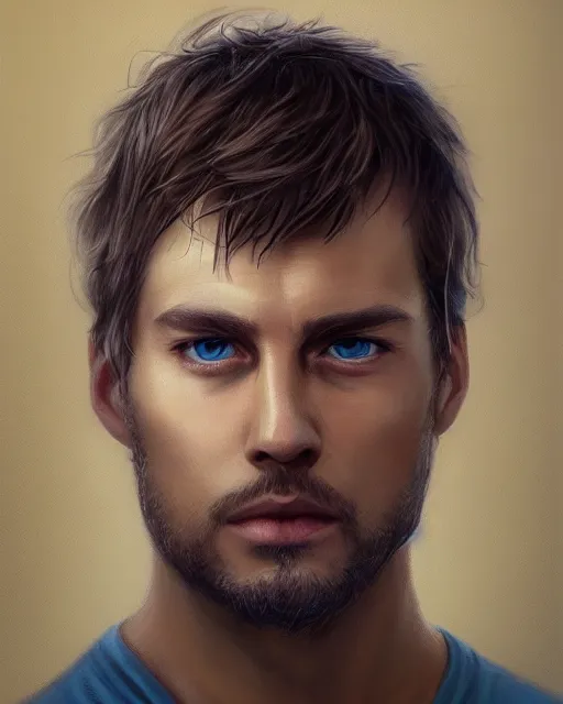 Image similar to portrait of a man in his mid - twenties with dull blue eyes, short dark blond hair, short goatee, ultra realistic, epic, highly detailed, hd, sharp focus, cinematic lighting, realistic, dreamy, vivid colors, dreary, morose, matt painting, digital art, non blurry, sharp, artstation, concept art, smooth, illustration