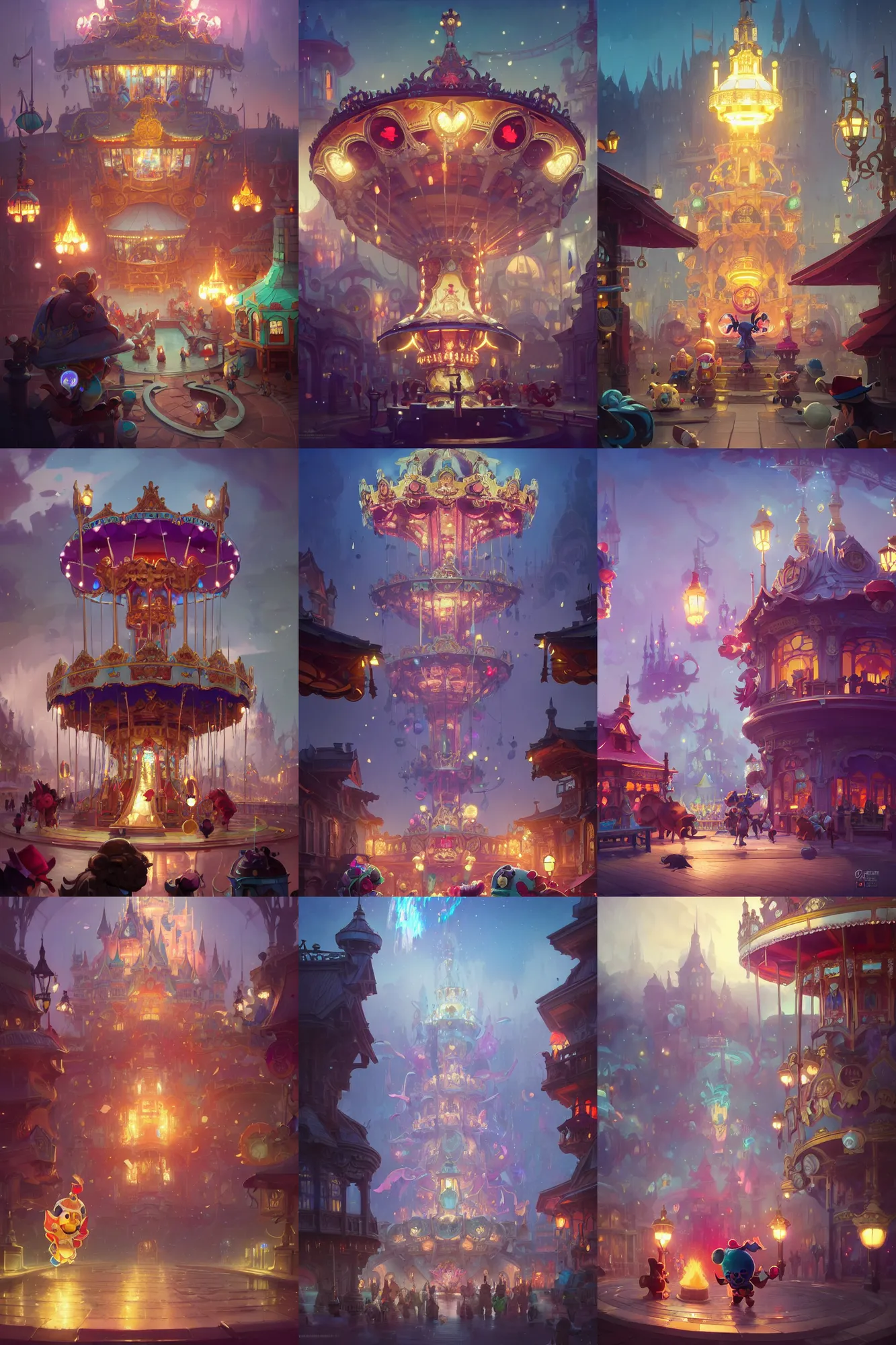 Prompt: splash art brawlstars, light dust, magnificent, theme park, carousel, medium shot, details, sharp focus, elegant, highly detailed, illustration, by Jordan Grimmer and greg rutkowski and ocellus and alphonse mucha and wlop, intricate, beautiful, Trending artstation, pixiv, digital Art