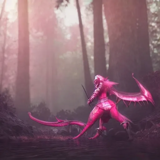 Image similar to a girl dressed in a pink knight armor fights a huge red dragon in the deep forest, cinematic lighting, highly detailed, dark atmosphere, unreal engine,