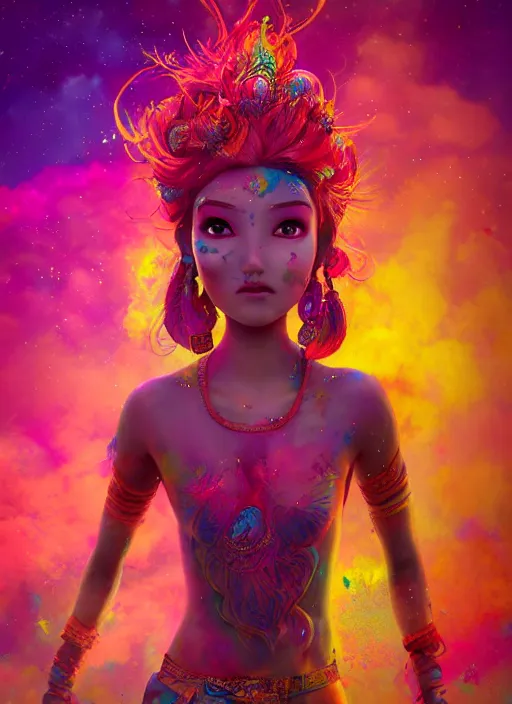 Prompt: An epic fantasy comic book style full body portrait painting of a very beautiful vibrant holi nebulapunk girl, by Pixar and Hayao Miyazaki, unreal 5, DAZ, hyperrealistic, octane render, cosplay, RPG portrait, dynamic lighting, intricate detail, summer vibrancy, cinematic