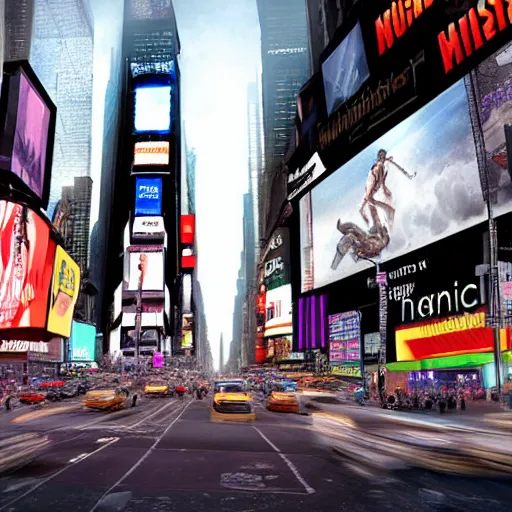 Prompt: a Matte painting of Hercules looking lost in the middle of Times Square, New York, photo realistic, high detail