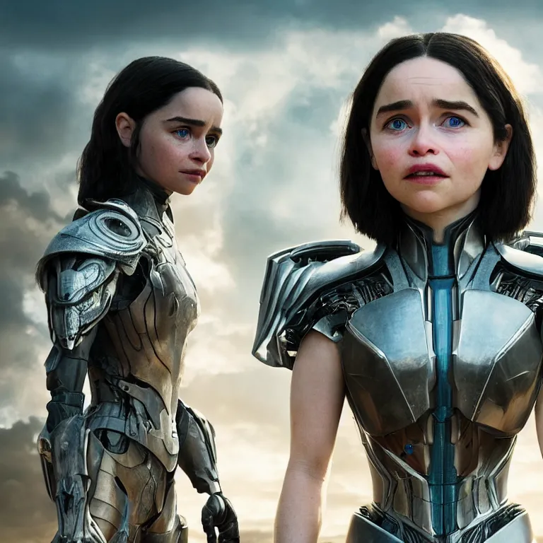 Prompt: scifi emilia clarke looks like alita battle angel, elegant lady, big eyes, smiling face, extremely high detail, extremely high detailed face, cyborg, photorealism, emilia clarke, sony a 7 r