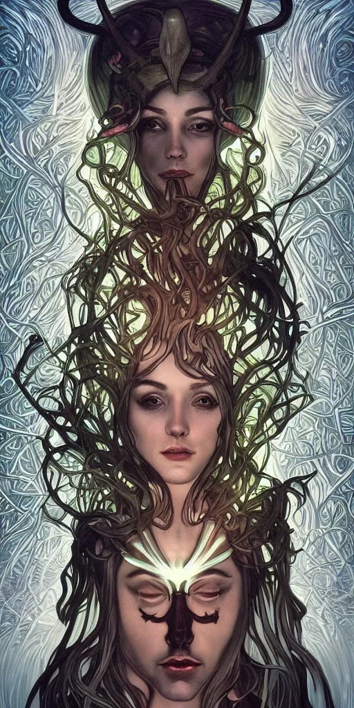 Image similar to intense bioluminescent glowing pagan god with horns and pure black eyes in very dark forest by artgerm and alphonse mucha, portrait, fantasy, clear, light beams, lens flare, intense, uhd, amazing depth, cinematic lighting