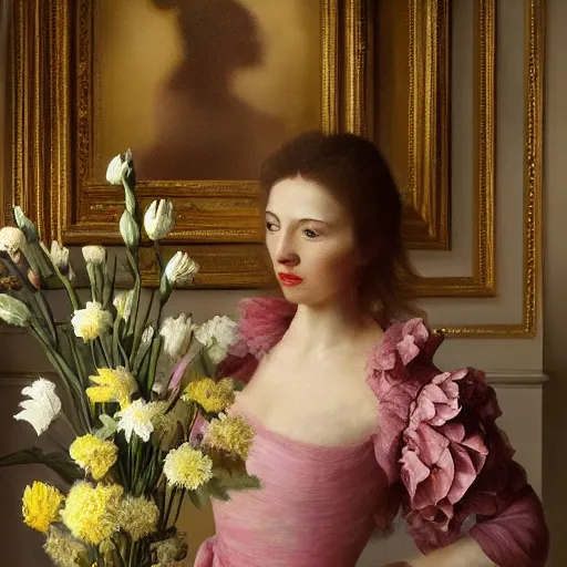 Image similar to a woman standing in a room with flowers in a vase, a photorealistic painting by elizabeth polunin, trending on cgsociety, art photography, national geographic photo, hall of mirrors, rococo