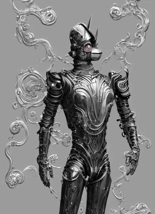 Image similar to powerful male tin man, willem dafoe as tinman, full body character concept, covered in full metal plating, art nouveau, super powers, fantasy, intricate, elegant, highly detailed, digital painting, artstation, concept art, shining, sharp focus, illustration, art by stanley lau