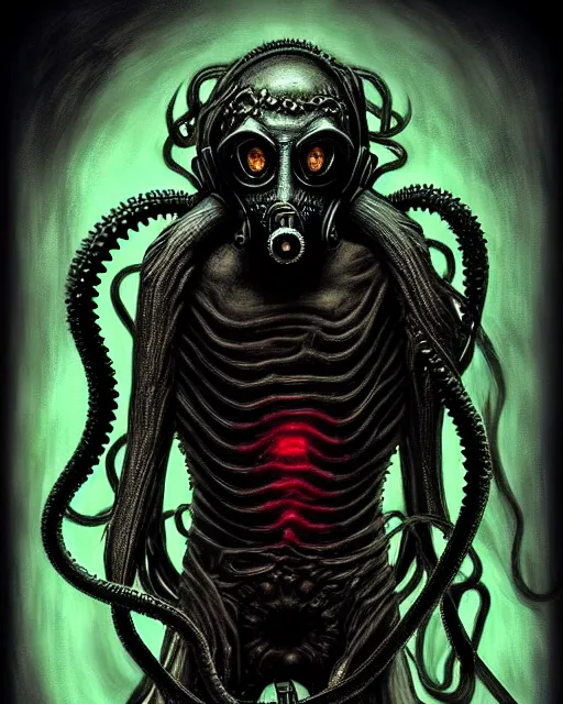 Prompt: Dark scary atomospheric detailed Outsider cyberpunk demon with scaly Tentacles from the Netherealm wearing a gas mask by HR Giger