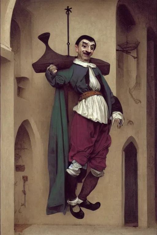 Prompt: Mr Bean as a medieval jester, dancing in a courtyard, bouguereau